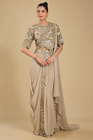 Golden Crepe Embroidered Draped Saree Set by Sahil Kochhar