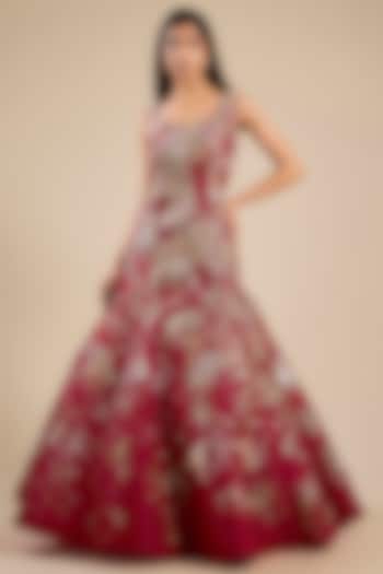 Red Organza Gold Hand Embroidered Bridal Gown by Sahil Kochhar at Pernia's Pop Up Shop