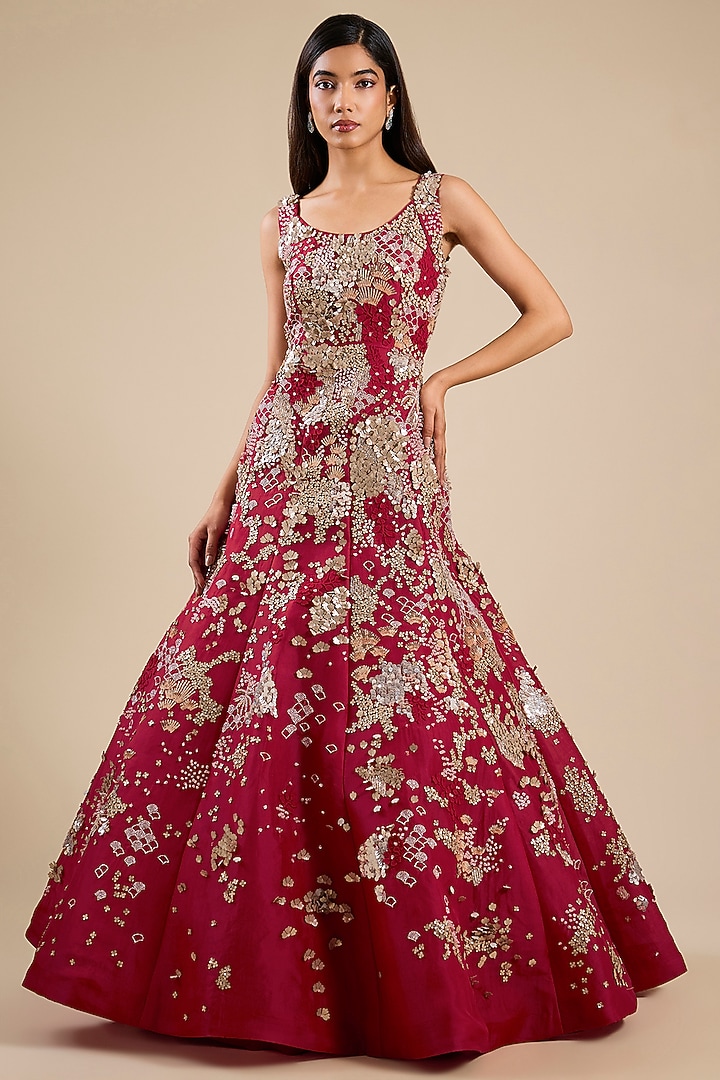 Red Organza Gold Hand Embroidered Bridal Gown by Sahil Kochhar at Pernia's Pop Up Shop