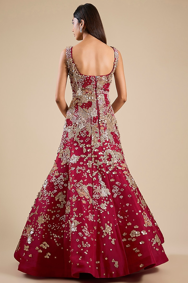 Red Organza Gold Hand Embroidered Bridal Gown by Sahil Kochhar at Pernia's Pop Up Shop