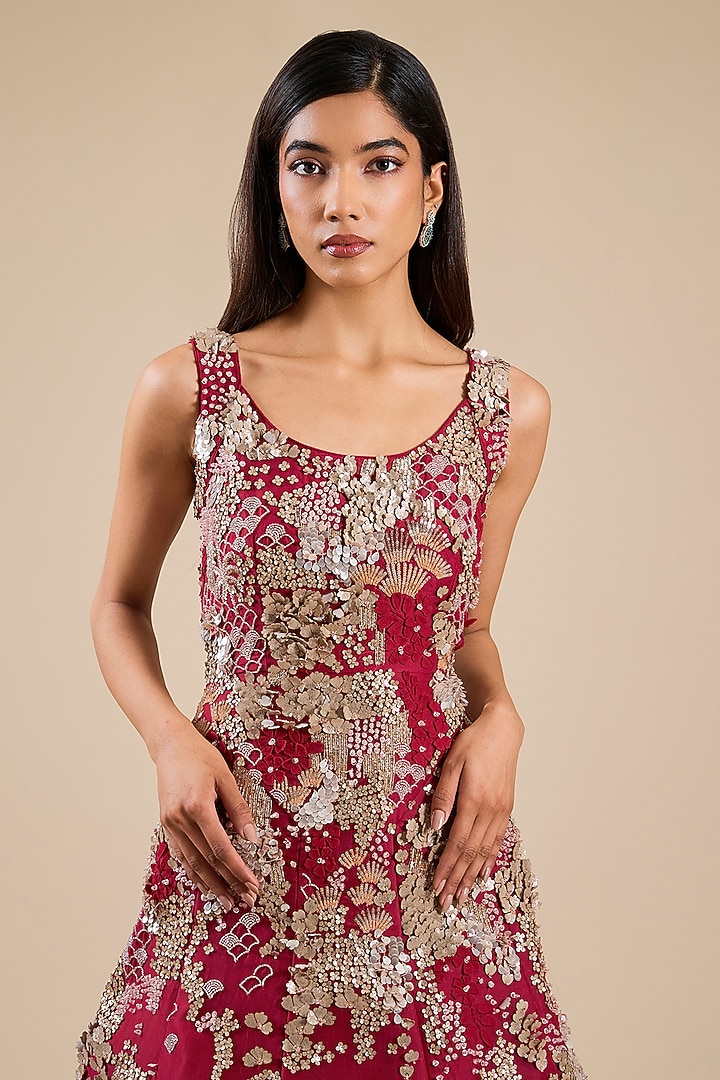 Red Organza Gold Hand Embroidered Bridal Gown by Sahil Kochhar at Pernia's Pop Up Shop