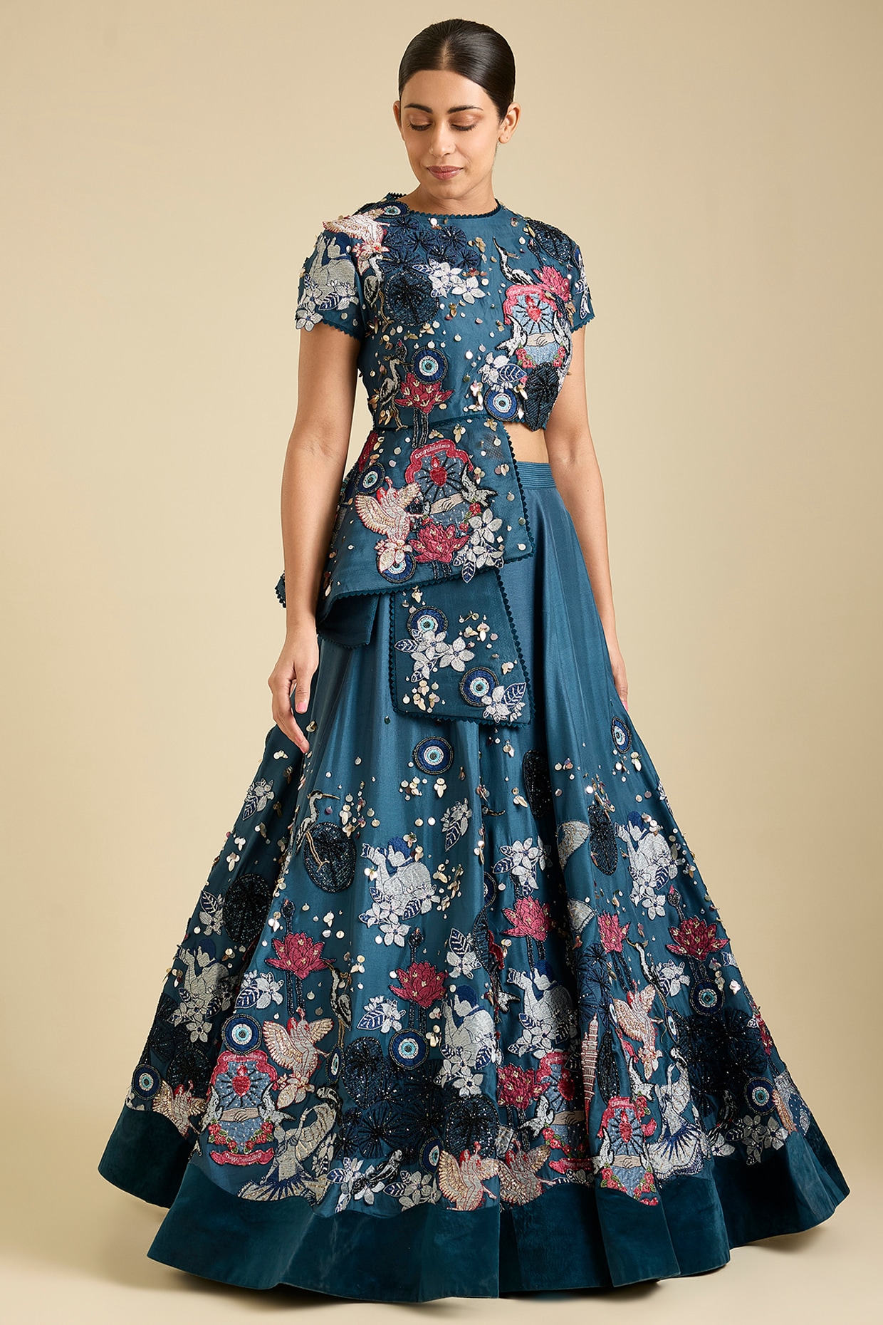 Sahil Kochhar Teal Dupion Silk Floral Applique Work Lehenga Set