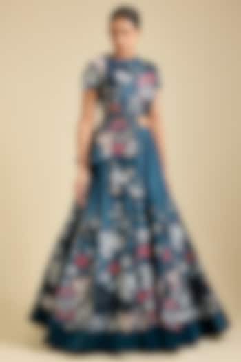 Teal Dupion Silk Floral Applique Work Bridal Lehenga Set by Sahil Kochhar at Pernia's Pop Up Shop