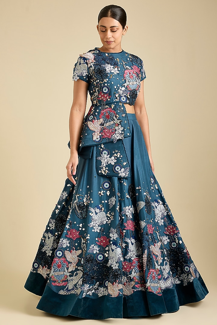 Teal Dupion Silk Floral Applique Work Bridal Lehenga Set by Sahil Kochhar at Pernia's Pop Up Shop