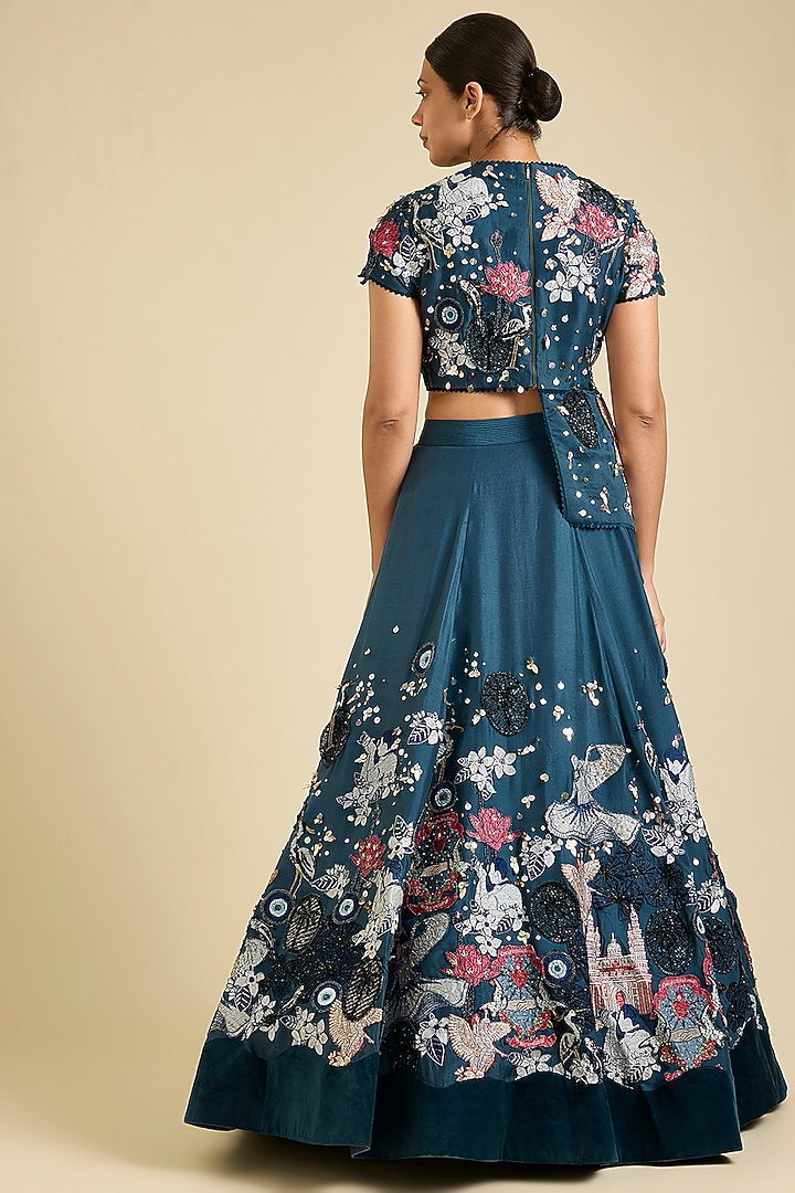 Teal Dupion Silk Floral Applique Work Bridal Lehenga Set by Sahil Kochhar at Pernia's Pop Up Shop