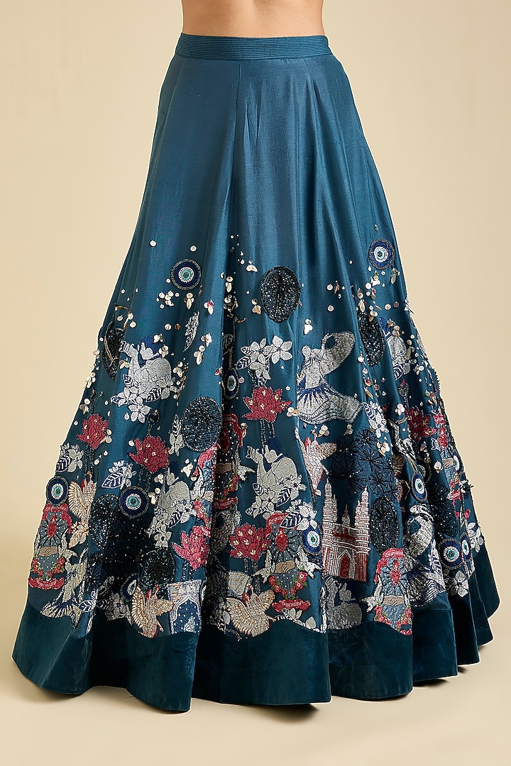 Teal Dupion Silk Floral Applique Work Bridal Lehenga Set by Sahil Kochhar at Pernia's Pop Up Shop