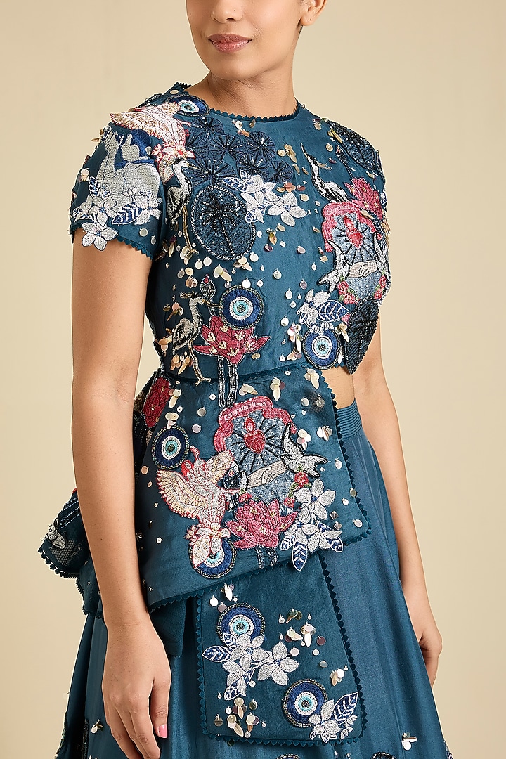 Teal Dupion Silk Floral Applique Work Bridal Lehenga Set by Sahil Kochhar at Pernia's Pop Up Shop