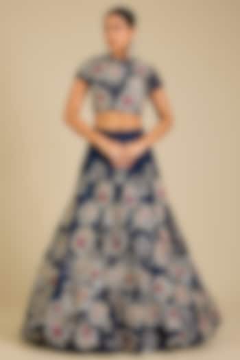 Indigo Organza 3D Applique Embroidered Bridal Lehenga Set by Sahil Kochhar at Pernia's Pop Up Shop
