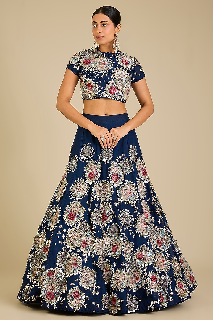 Indigo Organza 3D Applique Embroidered Bridal Lehenga Set by Sahil Kochhar at Pernia's Pop Up Shop