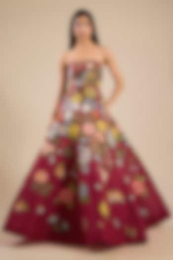 Maroon Organza 3D Applique Embroidered Off-Shoulder Bridal Gown by Sahil Kochhar at Pernia's Pop Up Shop