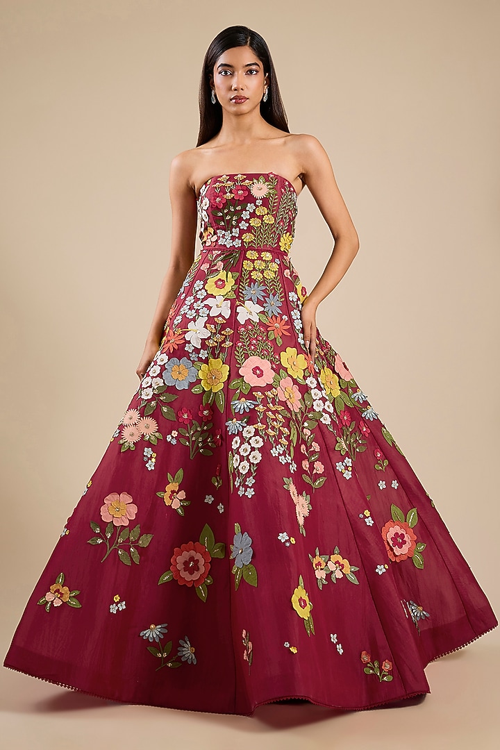 Maroon Organza 3D Applique Embroidered Off-Shoulder Bridal Gown by Sahil Kochhar at Pernia's Pop Up Shop