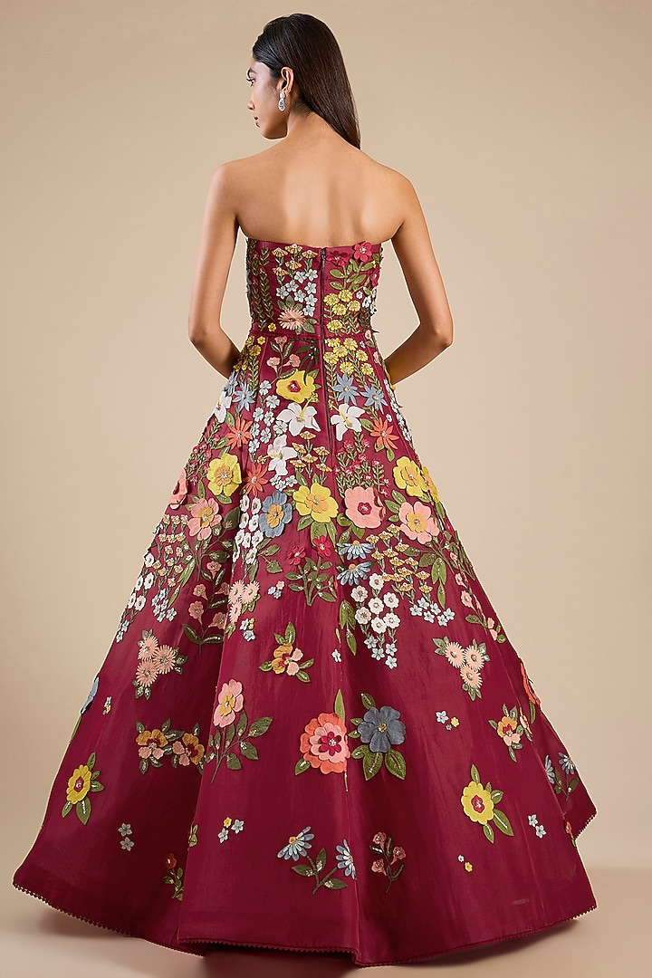 Maroon Organza 3D Applique Embroidered Off-Shoulder Bridal Gown by Sahil Kochhar at Pernia's Pop Up Shop