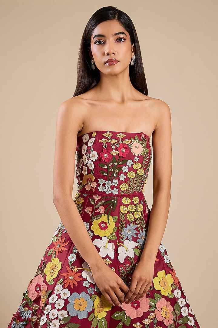 Maroon Organza 3D Applique Embroidered Off-Shoulder Bridal Gown by Sahil Kochhar at Pernia's Pop Up Shop