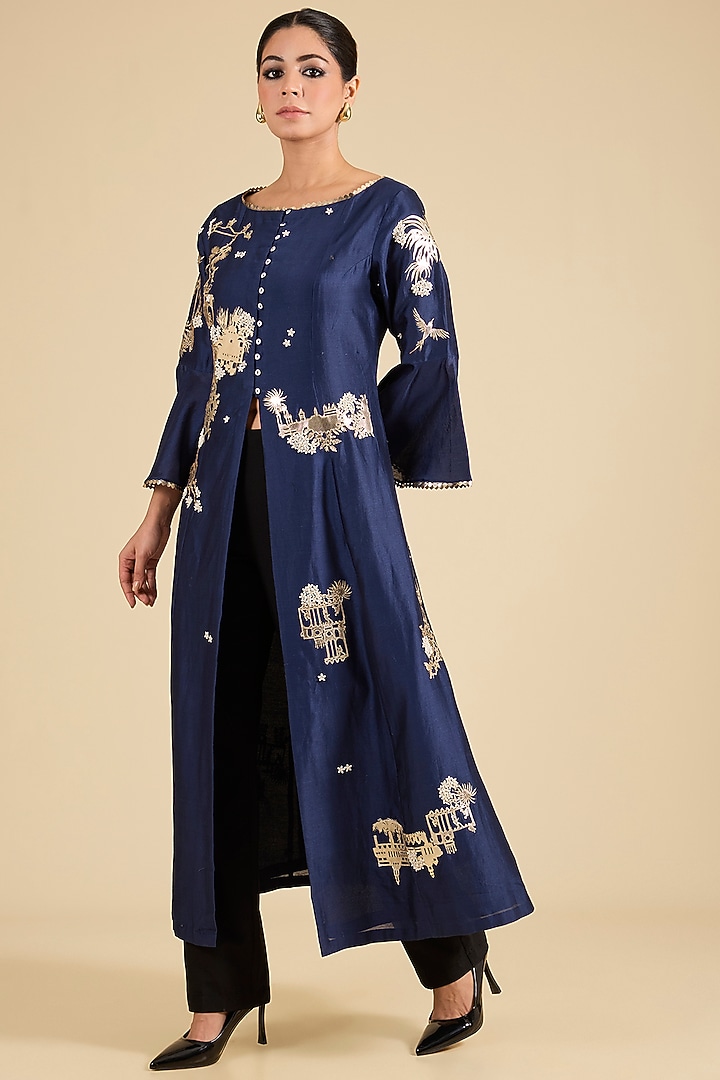 Navy Chanderi Tunic by Sahil Kochhar at Pernia's Pop Up Shop