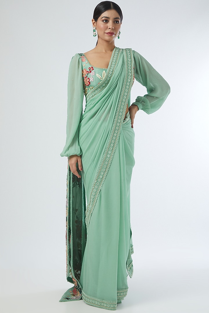 Sky Blue Embroidered Reception Saree Set by Sahil Kochhar at Pernia's Pop Up Shop