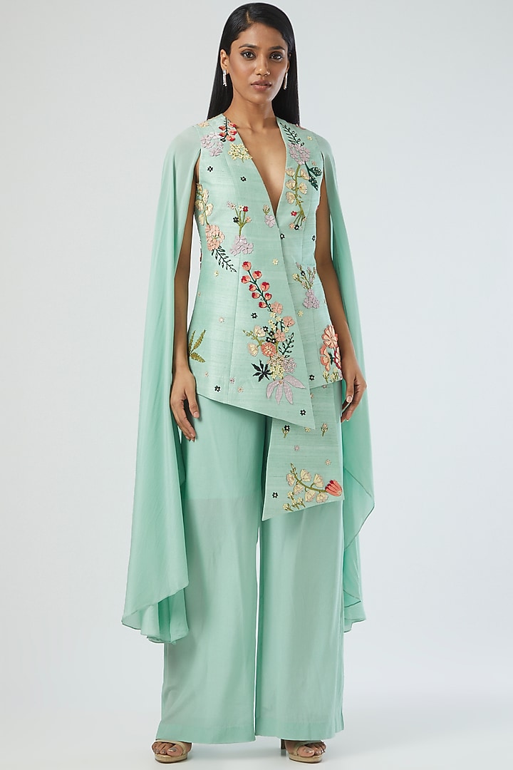 Sky Blue Cotton Silk Pleated Pant Set by Sahil Kochhar at Pernia's Pop Up Shop
