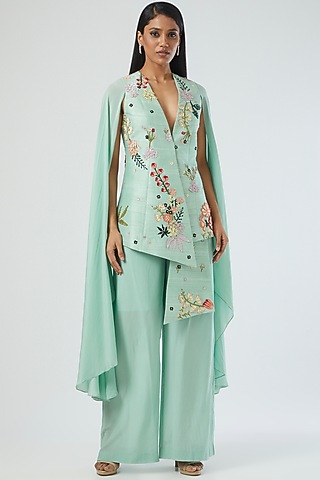 Sky Blue Cotton Silk Pleated Pant Set by Sahil Kochhar