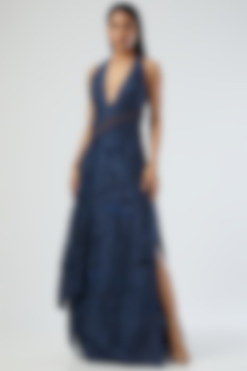 Midnight Blue Embroidered Gown by Sahil Kochar