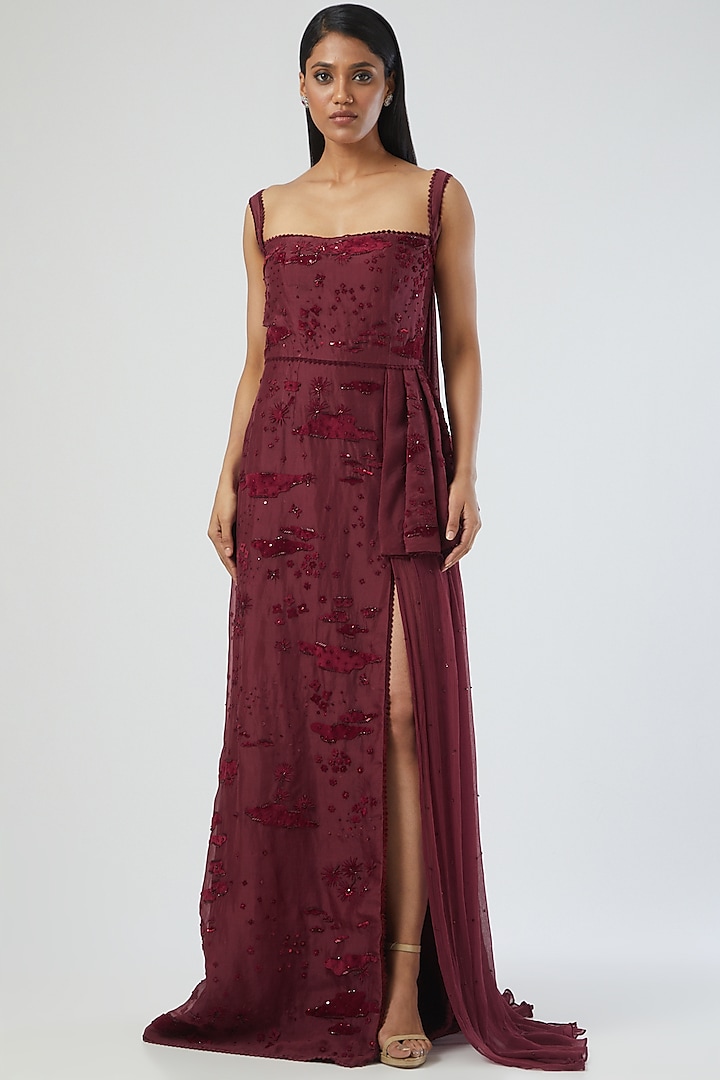 Maroon Embroidered Gown by Sahil Kochar