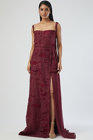 Maroon Embroidered Gown by Sahil Kochhar