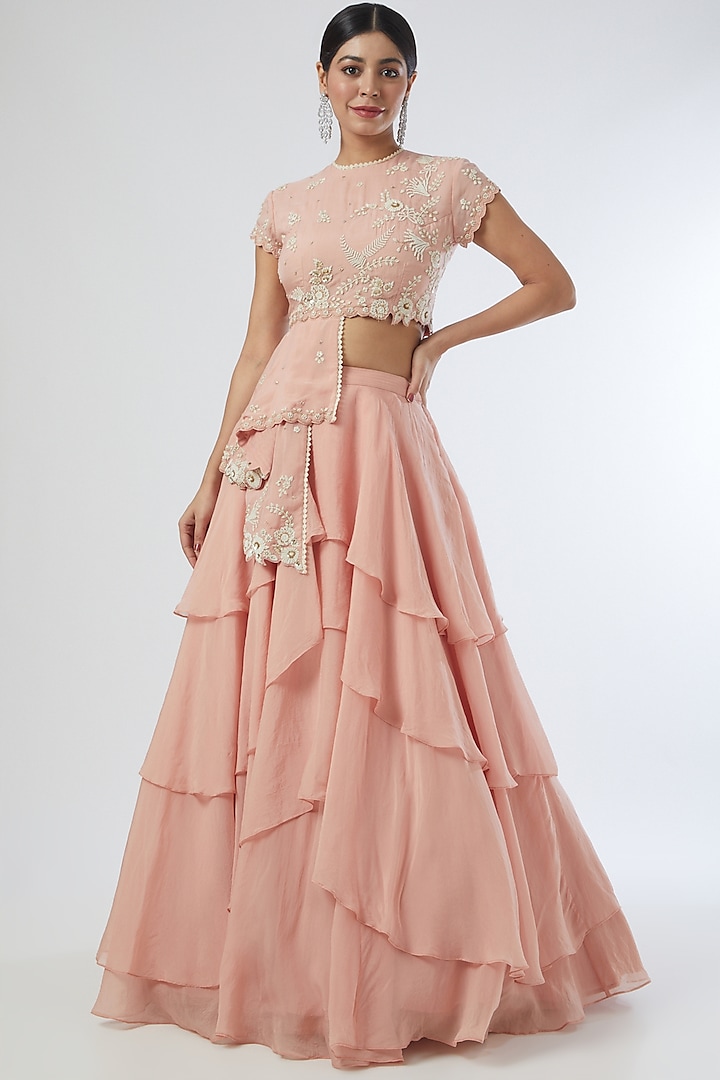 Blush Pink Organza Tiered Bridal Lehenga Set by Sahil Kochhar at Pernia's Pop Up Shop