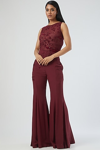 Maroon Embroidered Jumpsuit by Sahil Kochhar