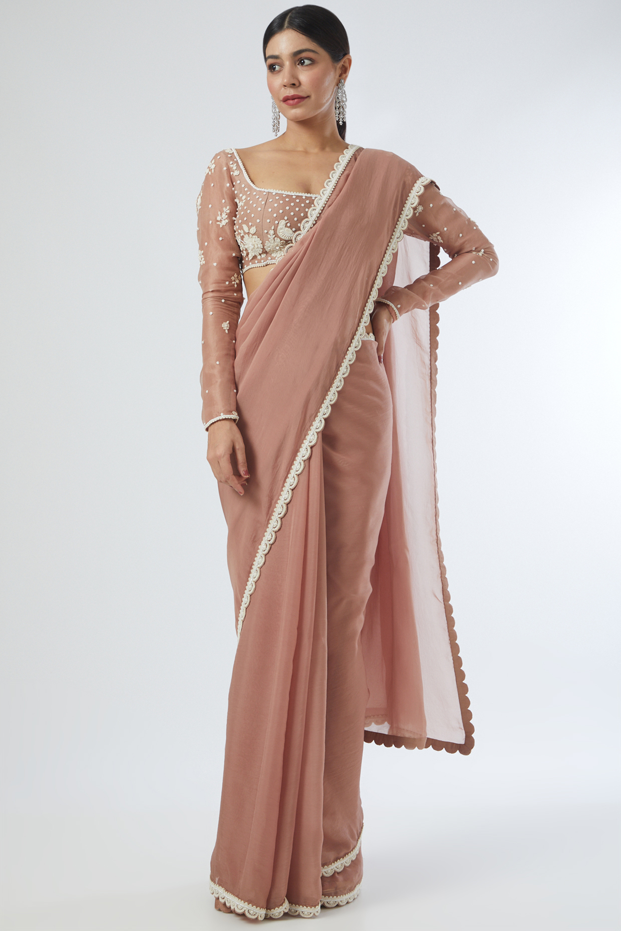 Mauve Organza 3D Applique Embroidered Reception Saree Set by Sahil Kochhar at Pernia's Pop Up Shop