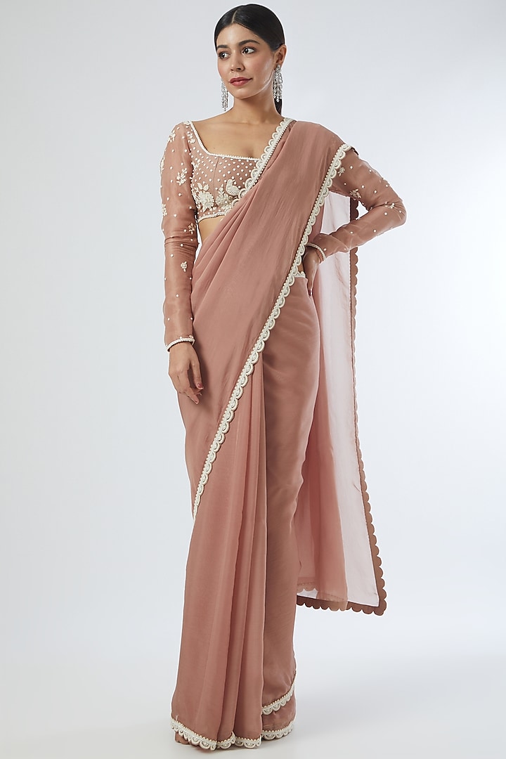 Mauve Organza 3D Applique Embroidered Reception Saree Set by Sahil Kochhar at Pernia's Pop Up Shop