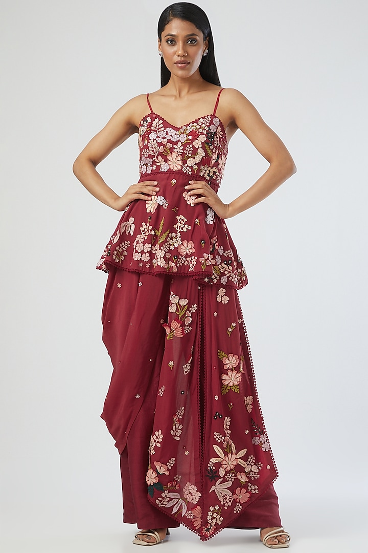 Maroon Sheer Pant Set With Draped Skirt by Sahil Kochar