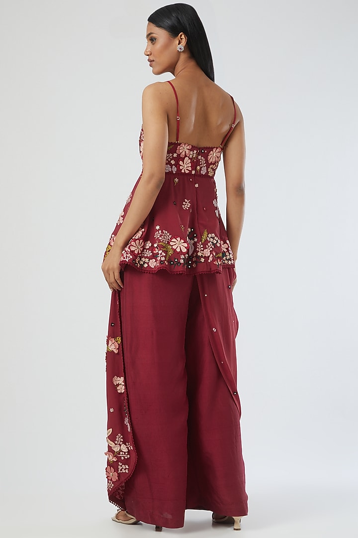 Maroon Sheer Pant Set With Draped Skirt by Sahil Kochhar at Pernia's Pop Up Shop