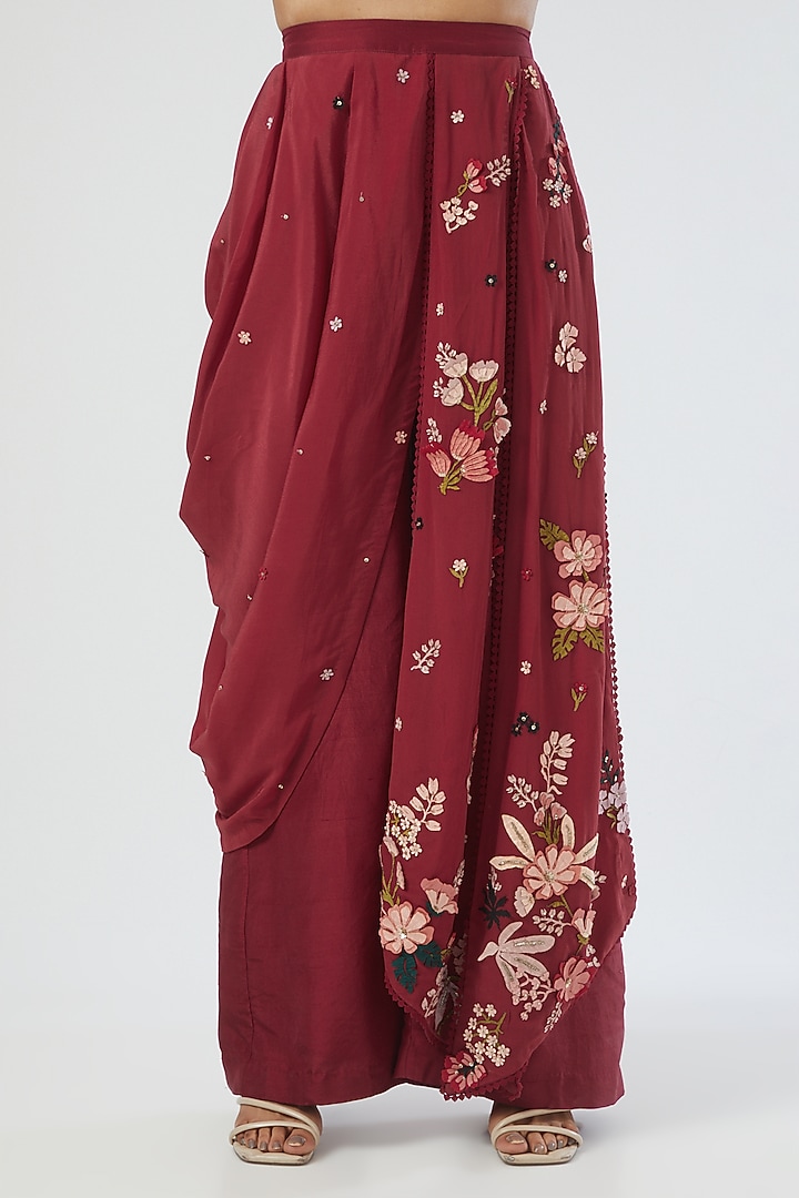 Maroon Sheer Pant Set With Draped Skirt by Sahil Kochhar at Pernia's Pop Up Shop