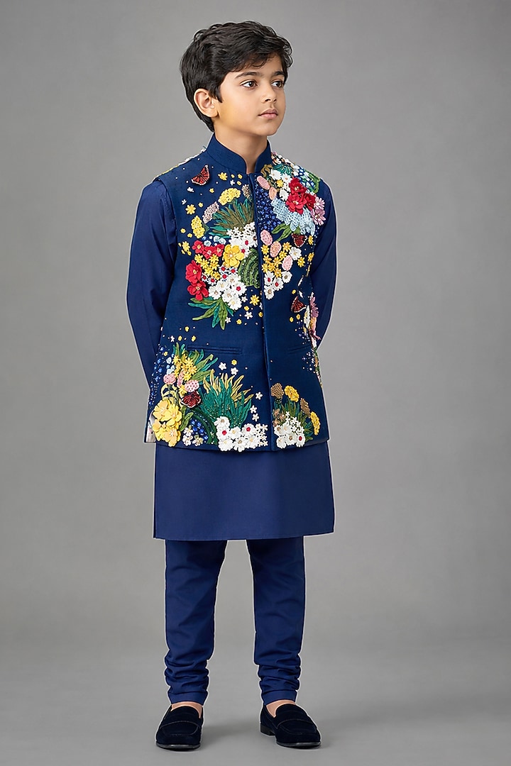 Navy Matka Silk Bundi Jacket For Boys by Sahil Kochhar Kids at Pernia's Pop Up Shop