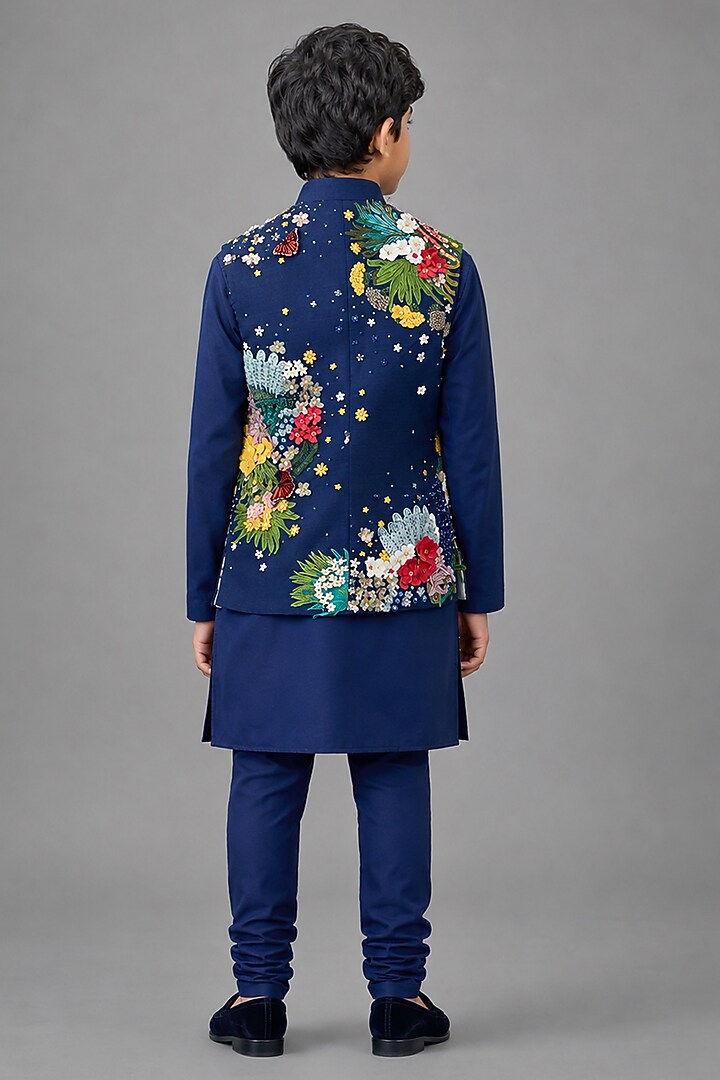 Navy Matka Silk Bundi Jacket For Boys by Sahil Kochhar Kids at Pernia's Pop Up Shop