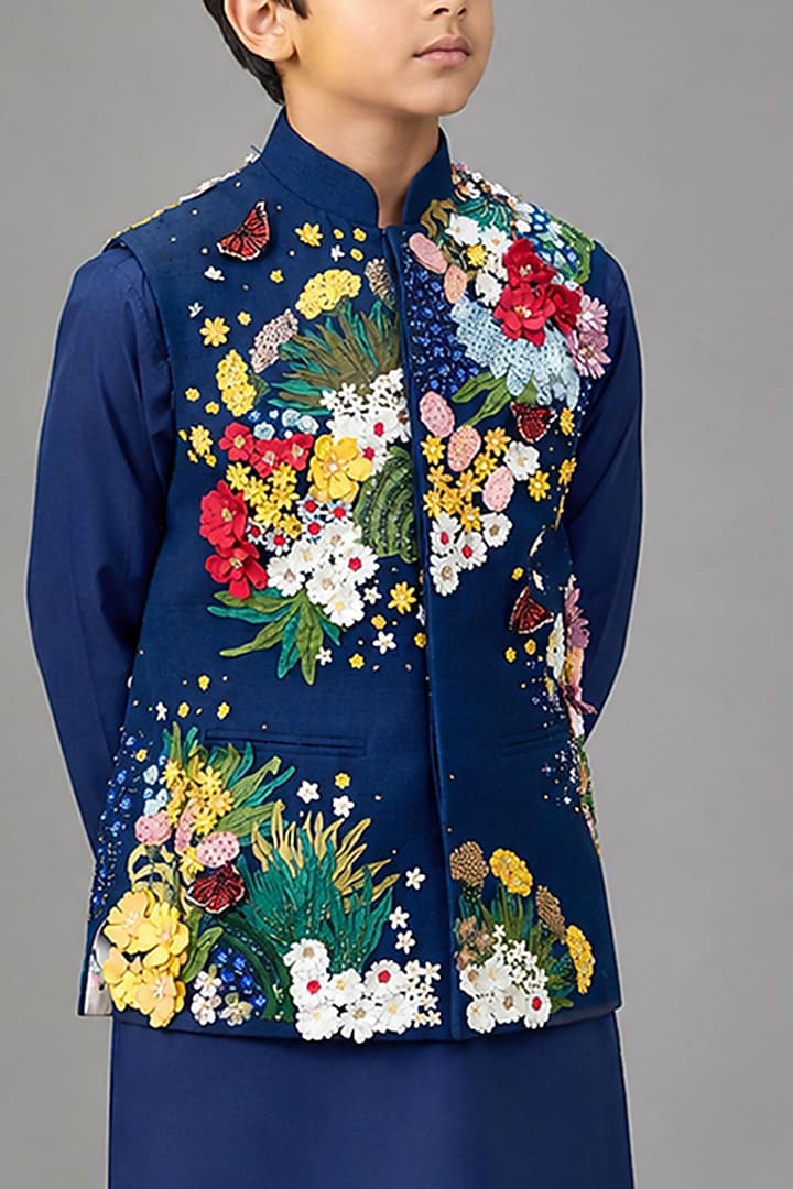 Navy Matka Silk Bundi Jacket For Boys by Sahil Kochhar Kids at Pernia's Pop Up Shop
