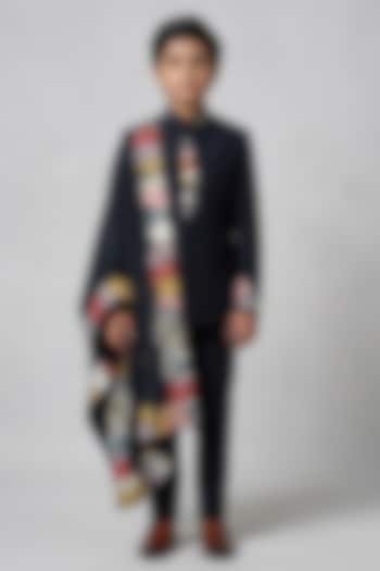 Black Matka Silk Bandhgala Set For Boys by Sahil Kochhar Kids at Pernia's Pop Up Shop