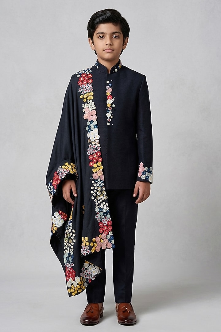 Black Matka Silk Bandhgala Set For Boys by Sahil Kochhar Kids at Pernia's Pop Up Shop