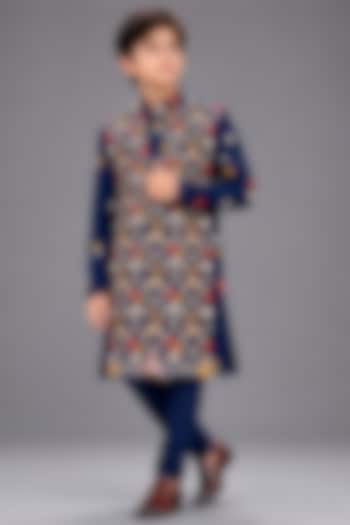 Navy Silk Katan Kurta Set For Boys by Sahil Kochhar Kids at Pernia's Pop Up Shop