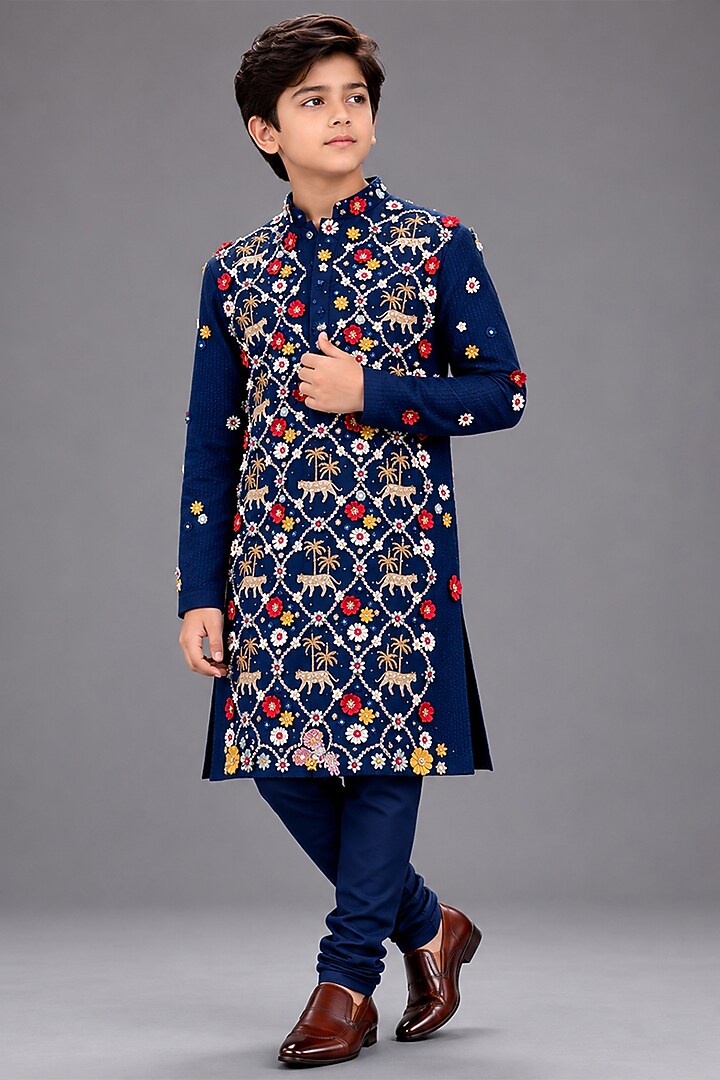 Navy Silk Katan Kurta Set For Boys by Sahil Kochhar Kids at Pernia's Pop Up Shop