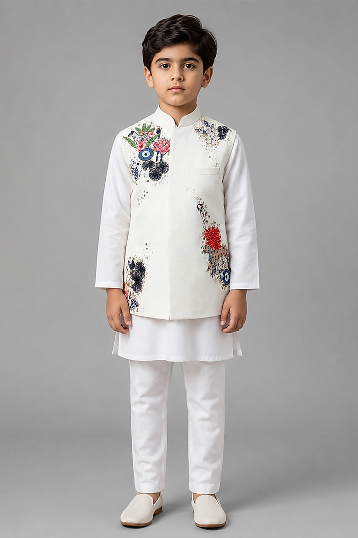 Ivory Matka Silk Bundi Jacket For Boys by Sahil Kochhar Kids at Pernia's Pop Up Shop