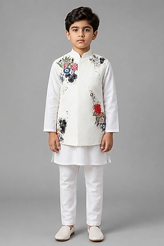 Ivory Matka Silk Bundi Jacket For Boys by Sahil Kochhar Kids