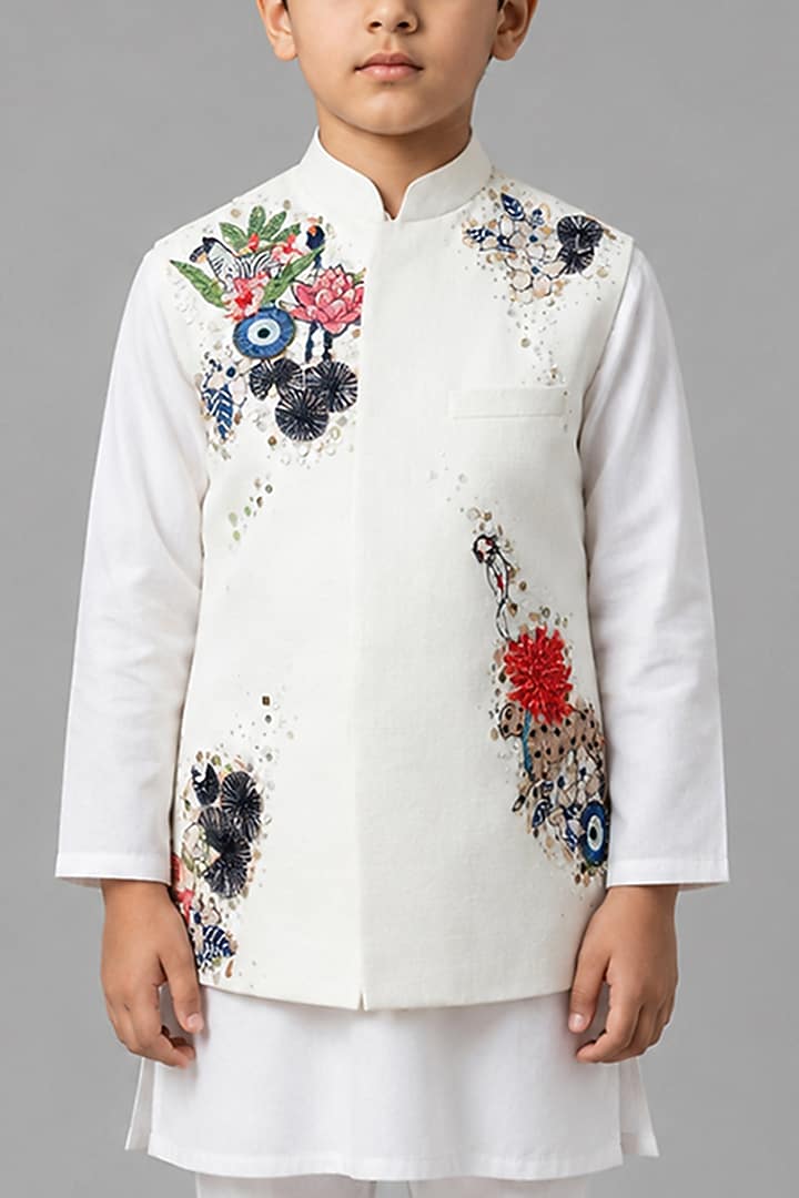Ivory Matka Silk Bundi Jacket For Boys by Sahil Kochhar Kids at Pernia's Pop Up Shop