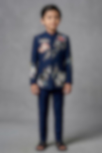 Navy Matka Silk Bandhgala Set For Boys by Sahil Kochhar Kids at Pernia's Pop Up Shop