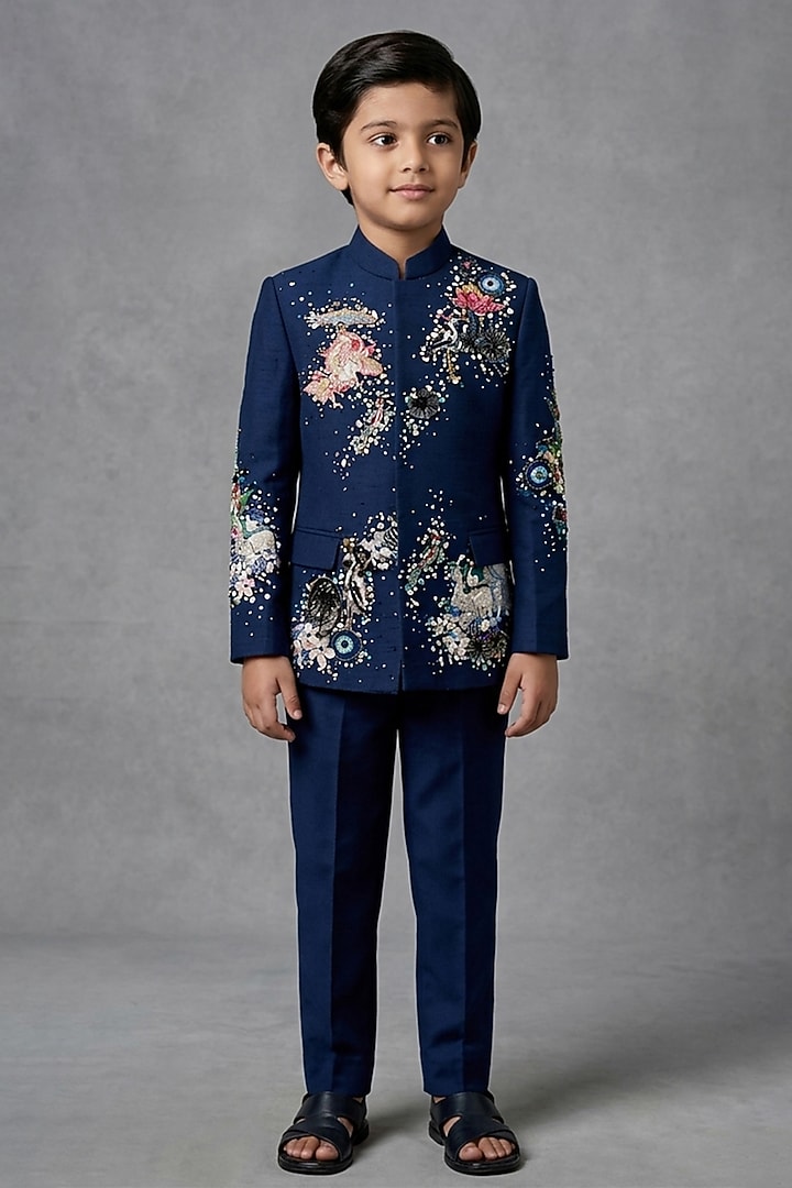 Navy Matka Silk Bandhgala Set For Boys by Sahil Kochhar Kids at Pernia's Pop Up Shop