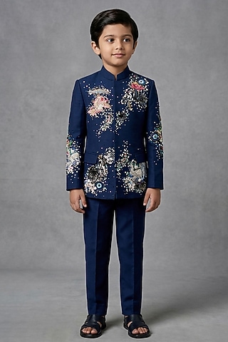 Navy Matka Silk Bandhgala Set For Boys by Sahil Kochhar Kids