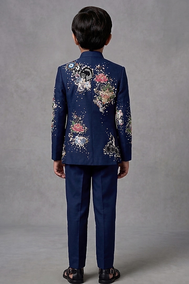 Navy Matka Silk Bandhgala Set For Boys by Sahil Kochhar Kids at Pernia's Pop Up Shop