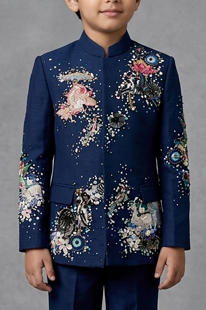 Navy Matka Silk Bandhgala Set For Boys by Sahil Kochhar Kids at Pernia's Pop Up Shop