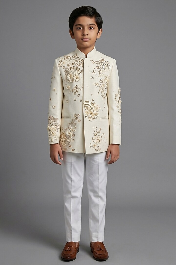 Ivory Matka Silk Bandhgala Set For Boys by Sahil Kochhar Kids at Pernia's Pop Up Shop