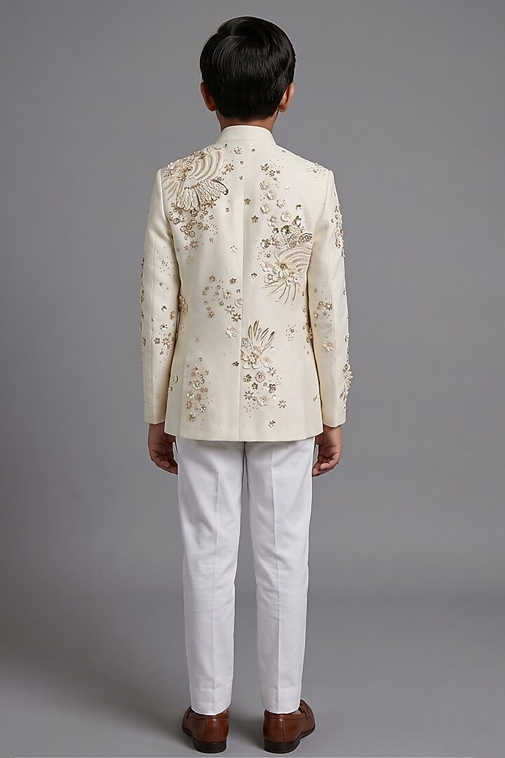 Ivory Matka Silk Bandhgala Set For Boys by Sahil Kochhar Kids at Pernia's Pop Up Shop