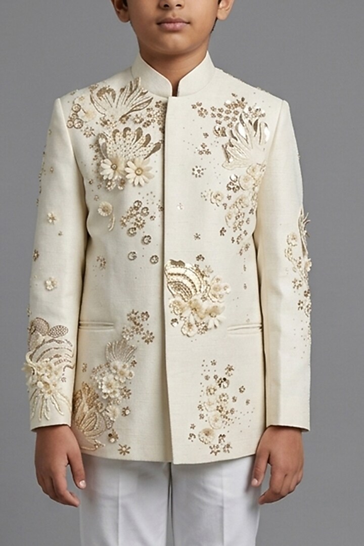 Ivory Matka Silk Bandhgala Set For Boys by Sahil Kochhar Kids at Pernia's Pop Up Shop