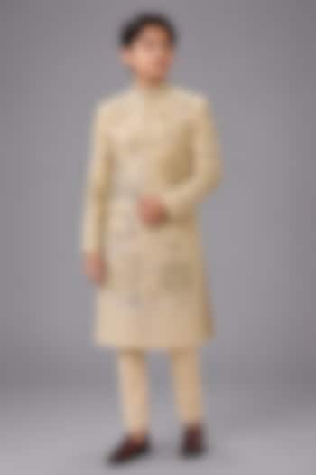 Beige Matka Silk Sherwani Set For Boys by Sahil Kochhar Kids at Pernia's Pop Up Shop